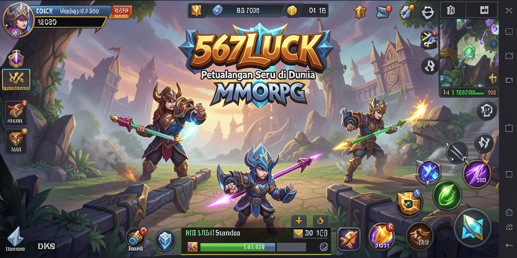 Screenshot gameplay 567LUCK yang menggambarkan pertarungan epik di dunia MMORPG.