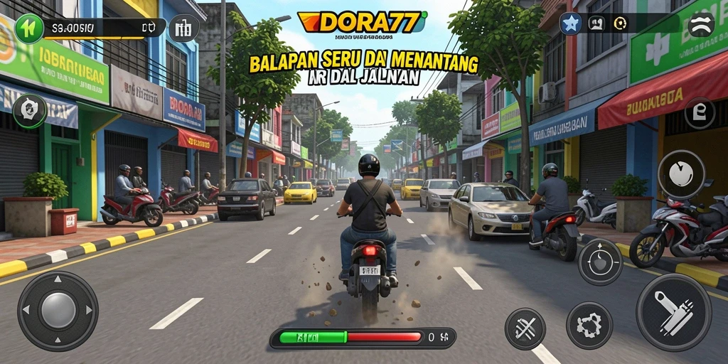Screenshot dari gameplay DORA77 yang menunjukkan balapan seru di jalanan.