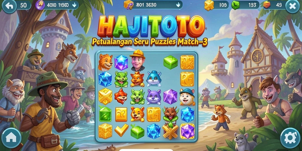 Tampilan gameplay seru HAJITOTO dengan berbagai tantangan Match-3.