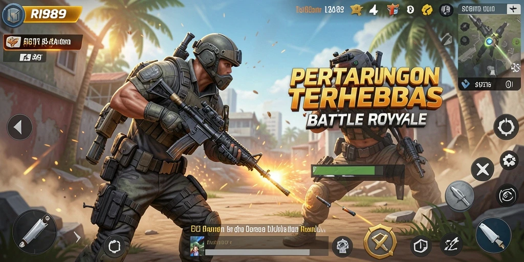 Tampilan intens gameplay RI889 dalam pertempuran Battle Royale.
