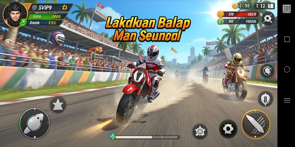 Tangkapan layar gameplay SVIP9 menampilkan balapan mendebarkan di lintasan.